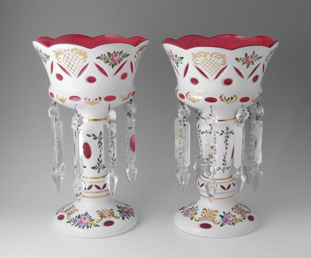 Appraisal: BOHEMIAN GLASS LUSTERS White cut to cranberry glass hand enameled