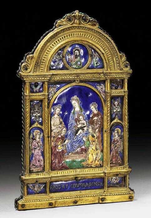 Appraisal: SMALL HOUSE ALTAR WITH ENAMEL PLAQUES Late Renaissance probably Limoges