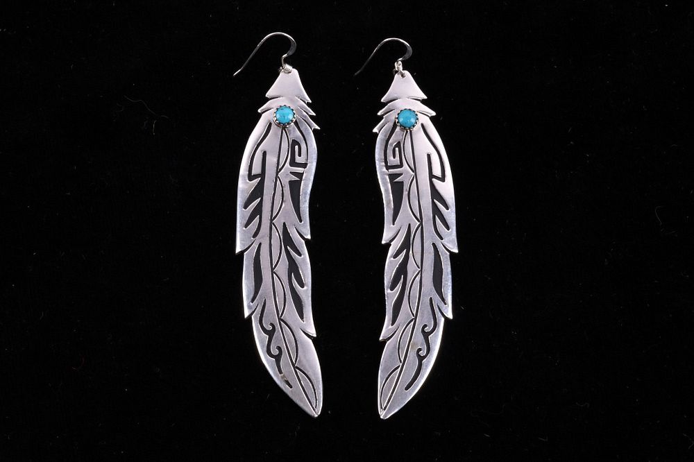 Appraisal: Navajo Singer Sterling Turquoise Feather Earrings Featured in this lot