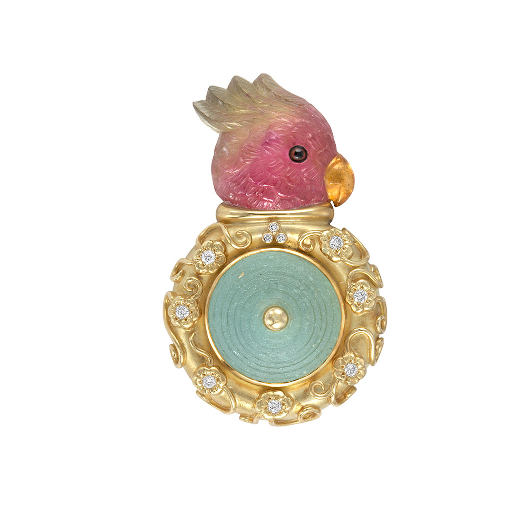 Appraisal: Gold Carved Bicolor Tourmaline Diamond and Carved Frosted Green Glass