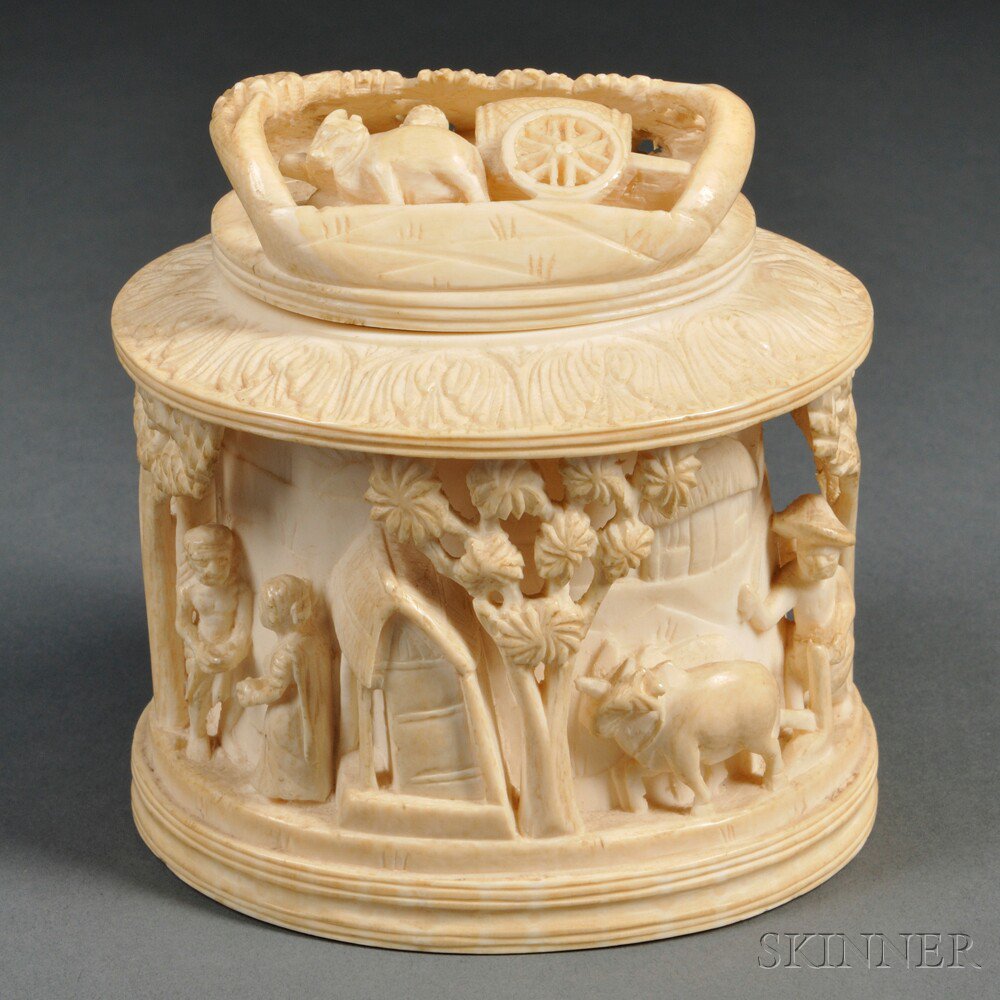 Appraisal: Bone Composite Covered Box Asia cylindrical carved and pierced in