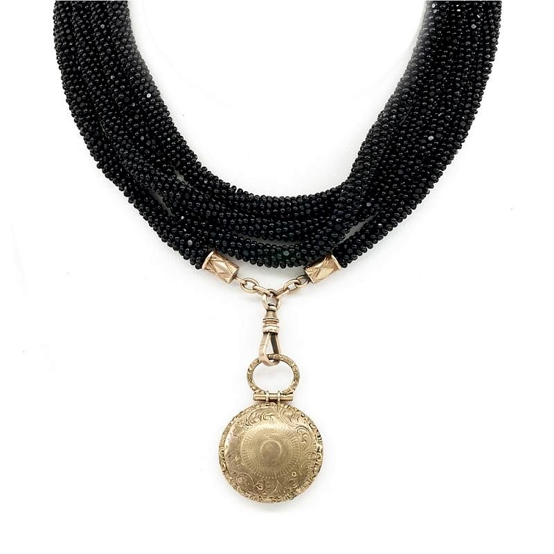 Appraisal: k and French jet beaded Victorian necklace with gilt daguerreotype