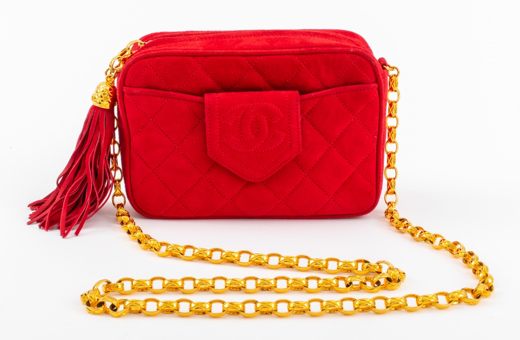 Appraisal: CHANEL QUILTED RED SUEDE HANDBAG Vintage Chanel quilted red suede