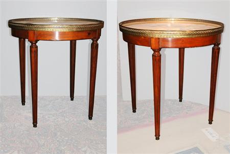 Appraisal: Pair of Louis XVI Style Gilt-Metal Mounted Fruitwood Bouillotte Tables