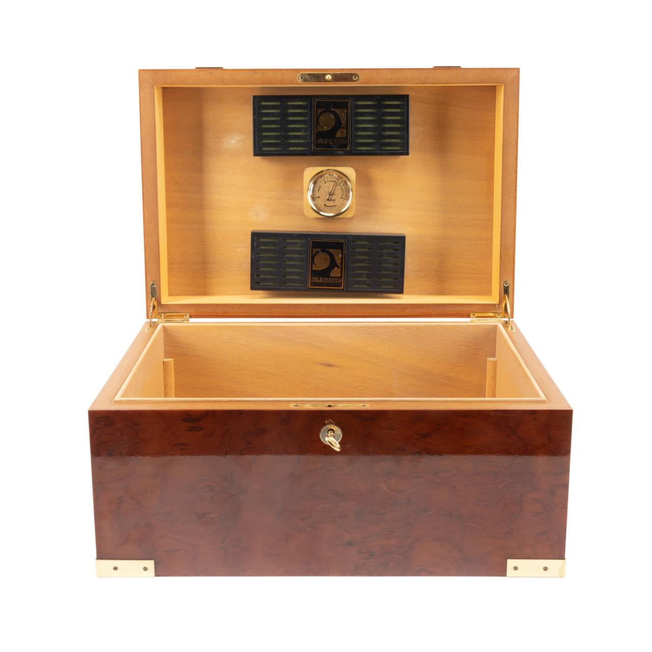 Appraisal: BURL WALNUT BRASS CAMPAIGN STYLE HUMIDOR Humidif Group American highly