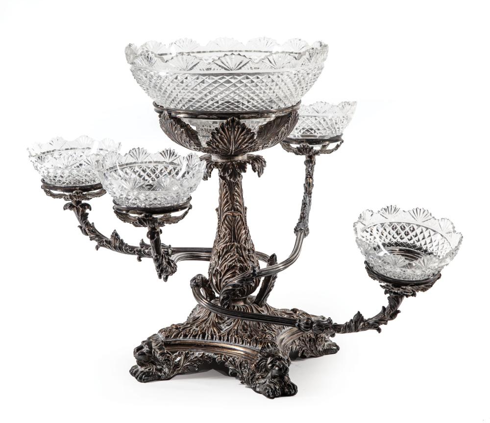 Appraisal: Antique English Silverplate Epergne th c foliate scroll arms foliate