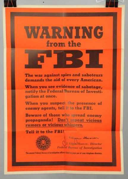 Appraisal: Warning From The FBI Poster Condition Near Mint Size -