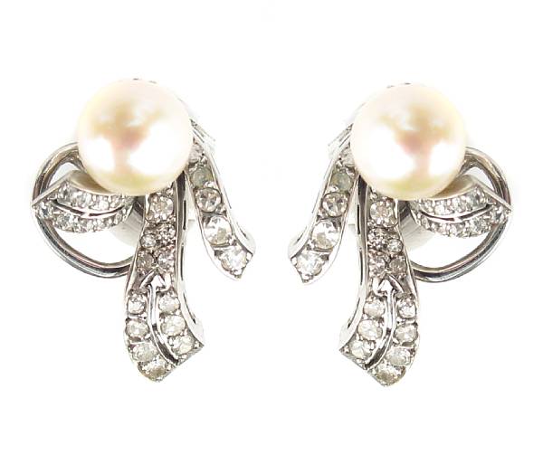 Appraisal: A pair of cultured pearl diamond and white gold earrings