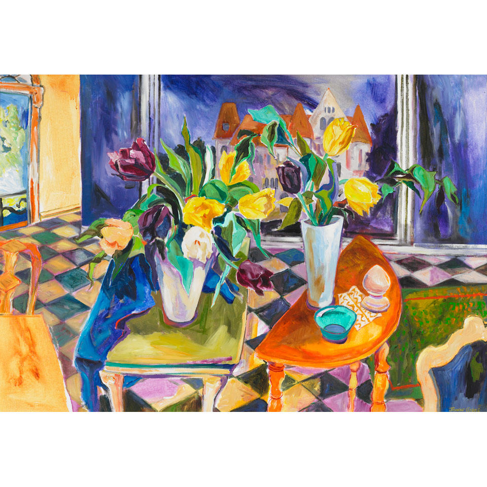 Appraisal: JOANNE CLARKE STILL LIFE WITH TULIPS AND CASTLES acrylic on