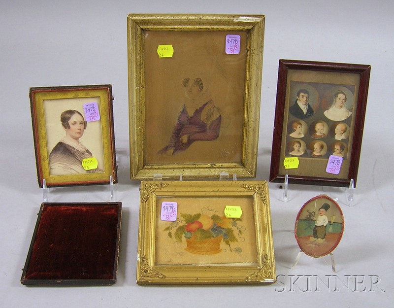 Appraisal: Five Small Framed Portrait and Decorative Items a small pencil