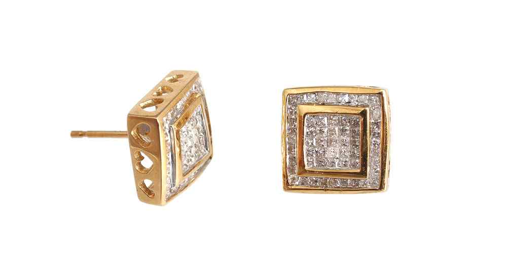 Appraisal: K GOLD DIAMOND EARRINGS Yellow gold earrings contain princess cut