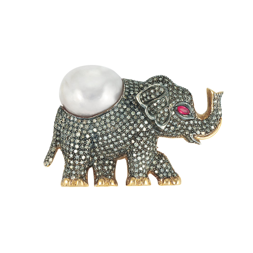 Appraisal: Gold Silver Semi-Baroque Cultured Pearl Diamond and Ruby Elephant Brooch