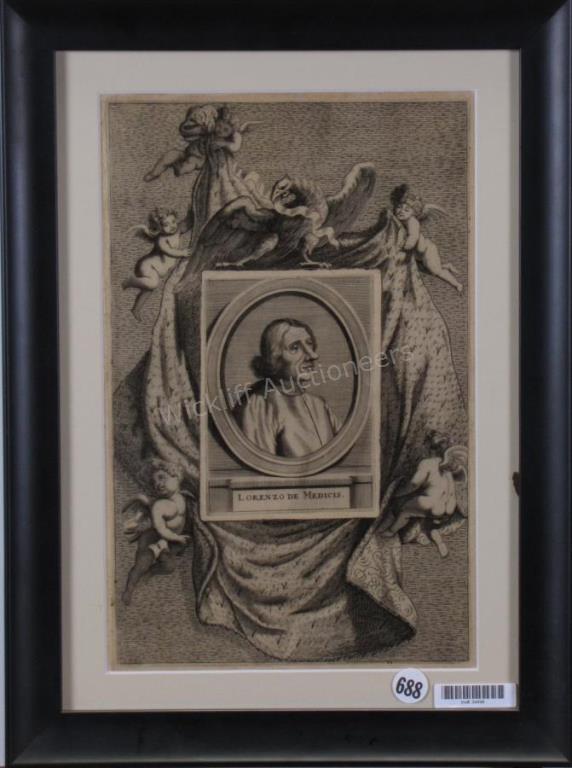 Appraisal: A framed antique etching depicting Lorenzo De Medicis at his