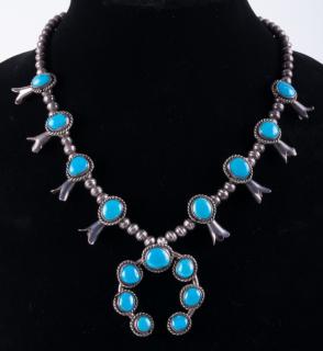 Appraisal: Silver Turquoise Squash Blossom Necklace Southwestern squash blossom necklace contains