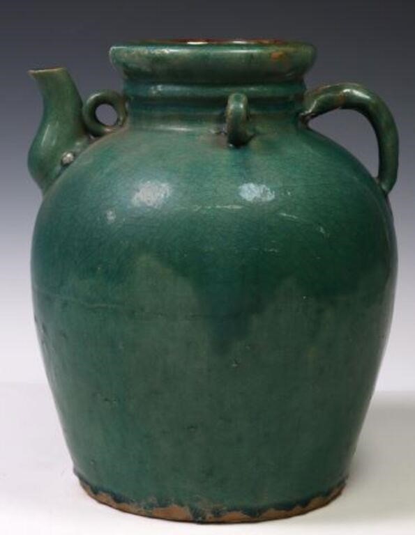 Appraisal: CHINESE GREEN TURQUOISE-GLAZED POTTERY WINE JARChinese pottery wine jar ewer