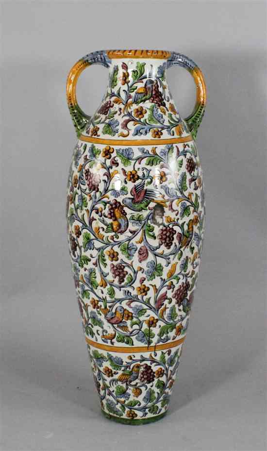 Appraisal: A large Italian maiolica slender ovoid two handled vase early