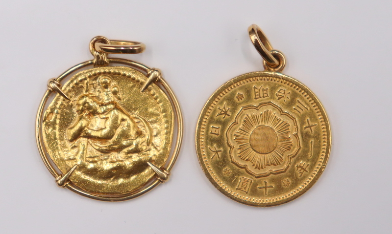 Appraisal: JEWELRY JAPANESE AND ANCIENT GOLD COIN PENDANTS Including a bezel