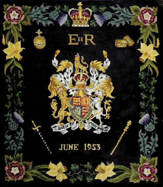 Appraisal: Framed British coronation needlework panel celebrating coronation of Queen Elizabeth