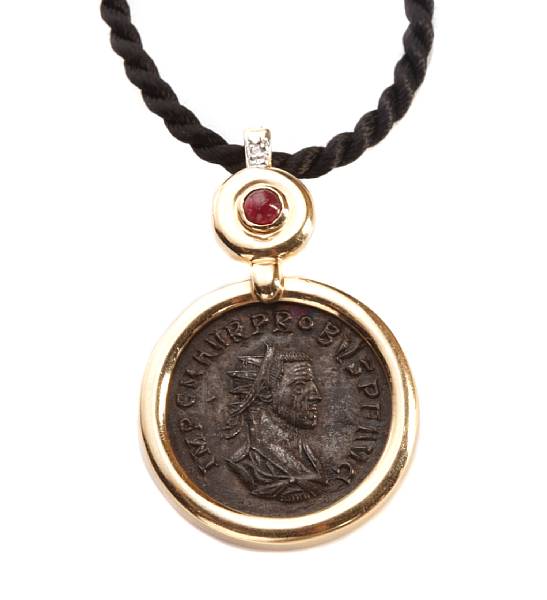 Appraisal: A Roman coin ruby and k gold pendant with cord