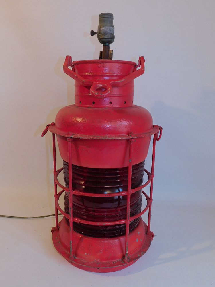 Appraisal: OLD RED SHIP LANTERN Antique metal ship's lantern electrified with