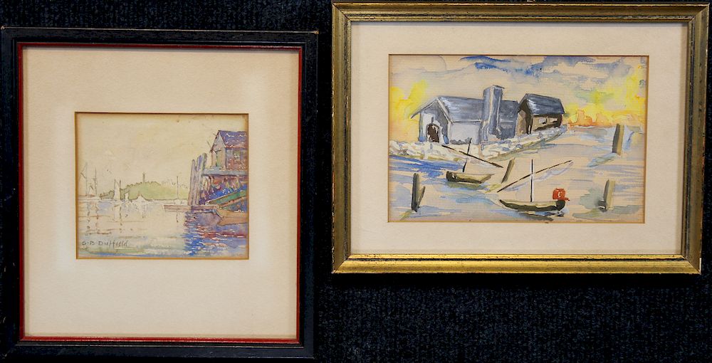 Appraisal: American School Harbor Scene Watercolors L-R American School Harbor Scene