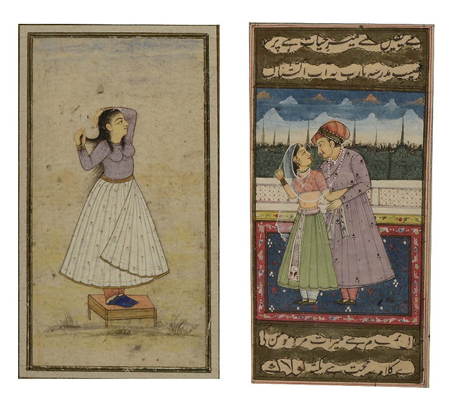 Appraisal: INDIAN SCHOOLMiniature showing a Mughal couple on a balcony between