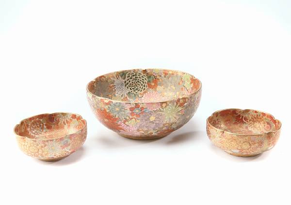 Appraisal: A group of three Satsuma style pottery floriform bowls with