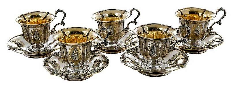 Appraisal: Martial Fray French Silver Tea Cups and Saucers Paris mid