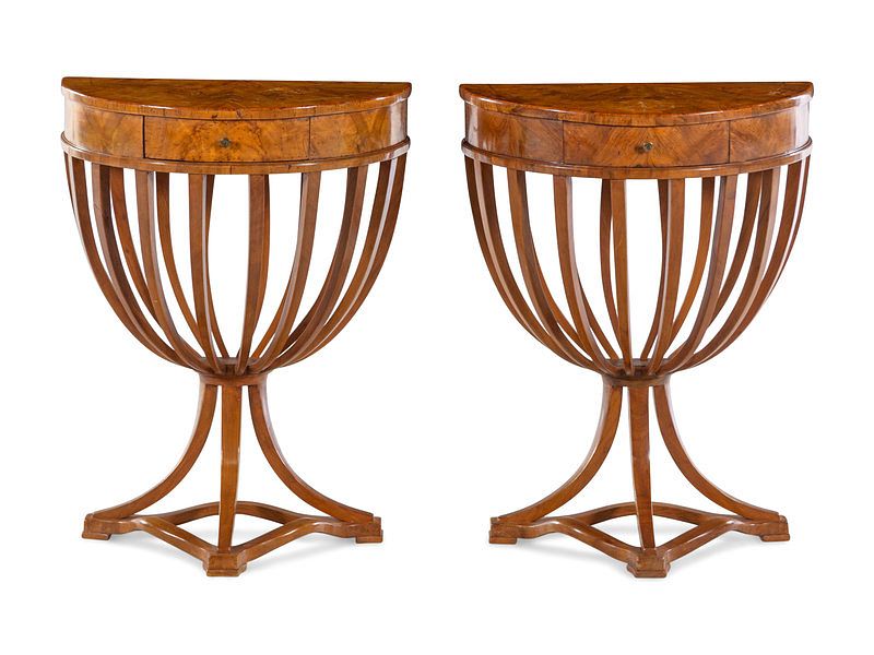 Appraisal: A Pair of Italian Neoclassical Style Burlwood Console Tables A