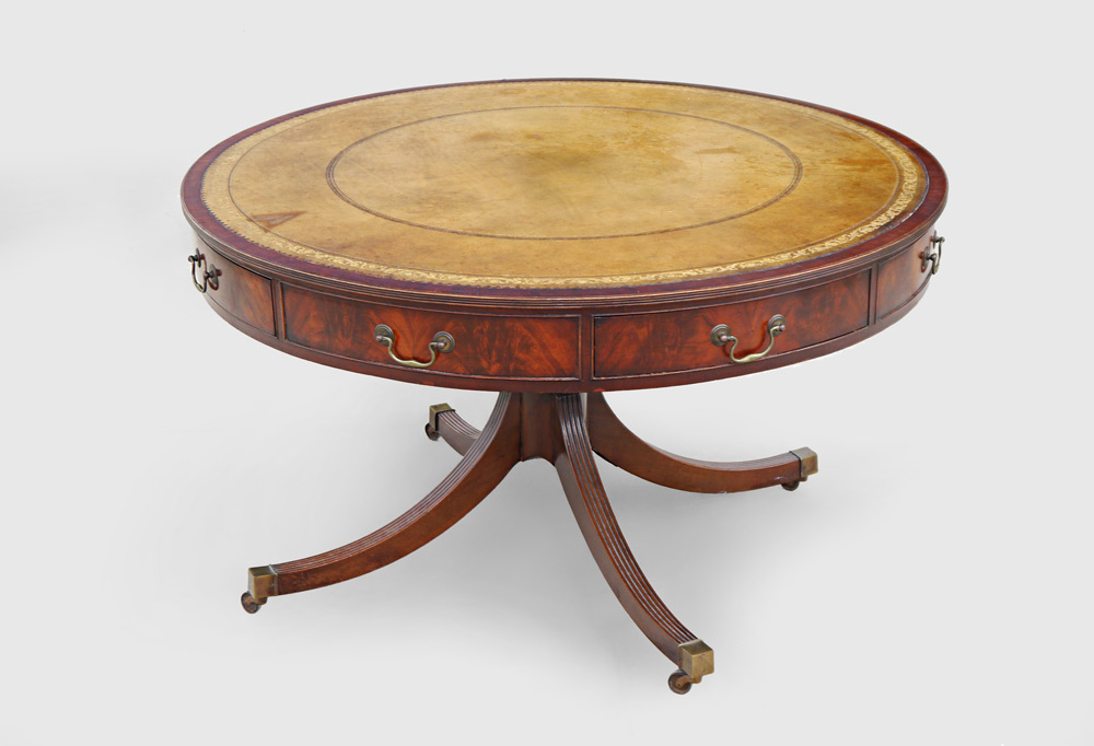 Appraisal: REGENCY STYLE MAHOGANY DRUM TABLE Round top with inset embossed