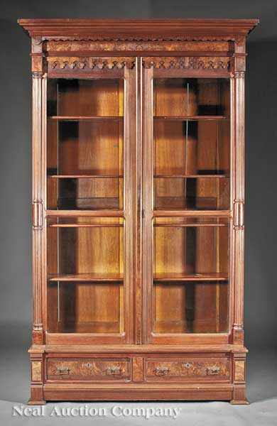 Appraisal: An American Carved and Burled Walnut Bookcase mid- th c