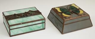 Appraisal: Two Orient and Flume Slag Glass Dresser Boxes t Two