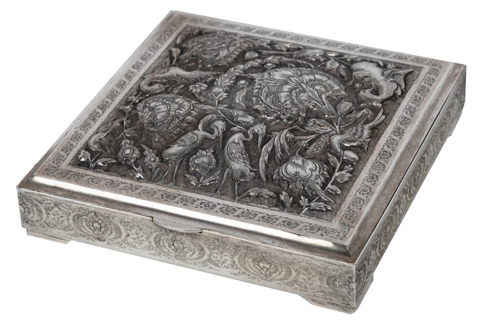 Appraisal: PERSIAN SILVER REPOUSSE TABLE BOXpartially rubbed marks to underside of