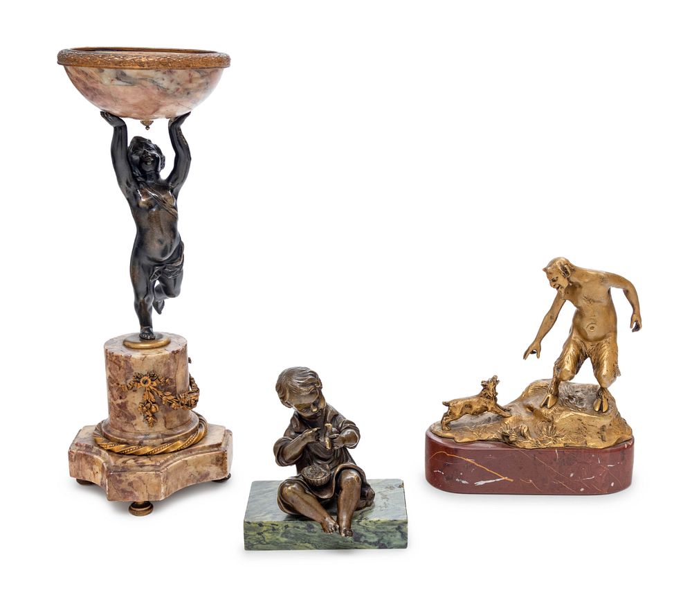 Appraisal: Three Louis XV Style Bronze and Marble Figural Table Articles