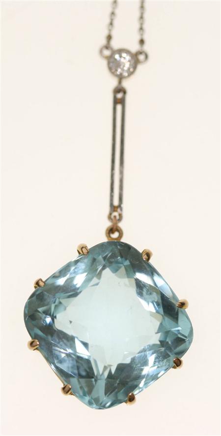 Appraisal: An aquamarine and diamond pendant necklace the large cushion cut