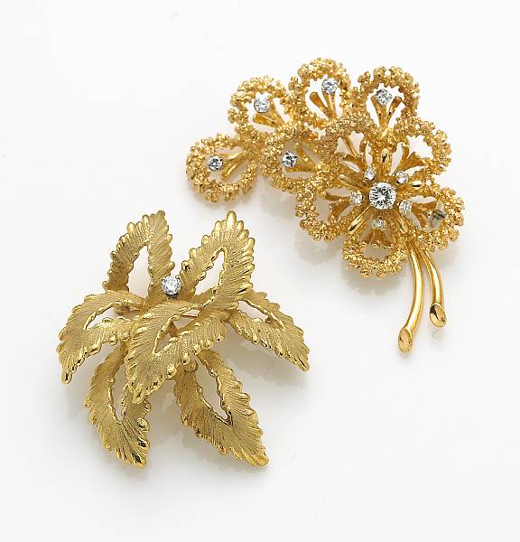 Appraisal: Two diamond and k bicolor gold brooches gross weight approximately