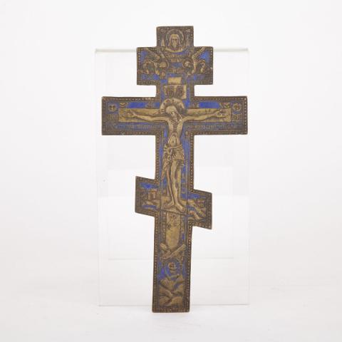 Appraisal: Russian Enamelled Bronze Old Believers Cross-Form Icon th century height