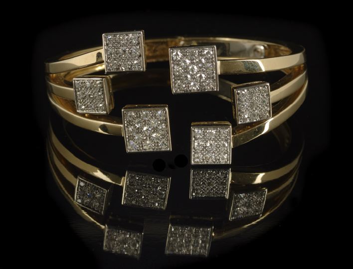 Appraisal: Eighteen-Karat Yellow Gold and Diamond Retro-Moderne Hinged Bangle the hinged