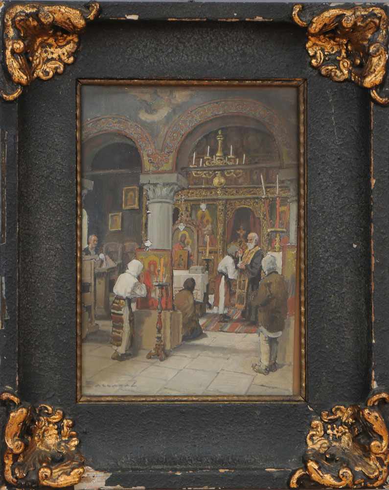 Appraisal: LUDOVIC BASSARAB - CHURCH INTERIOR Oil on canvasboard signed lower