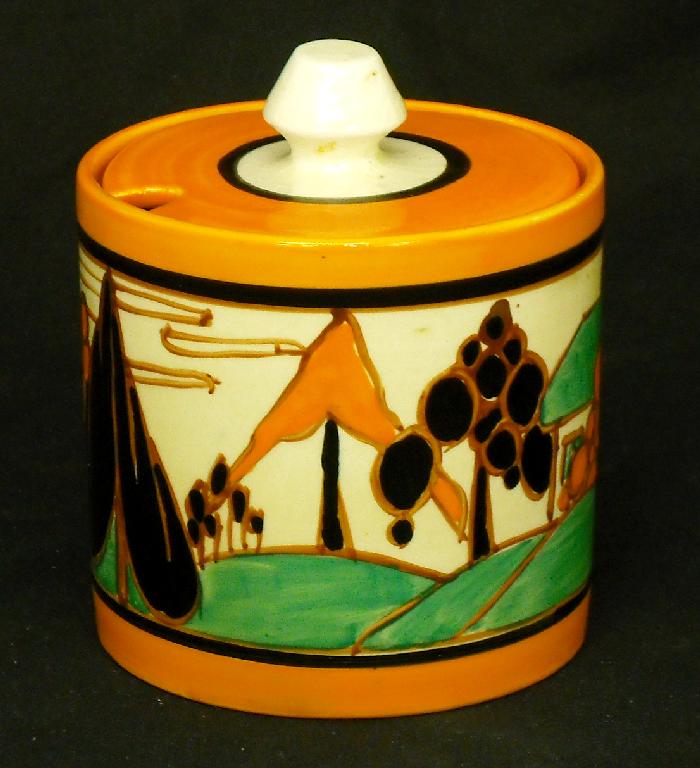 Appraisal: Orange Trees and House' Fantasque cylindrical preserve pot and cover