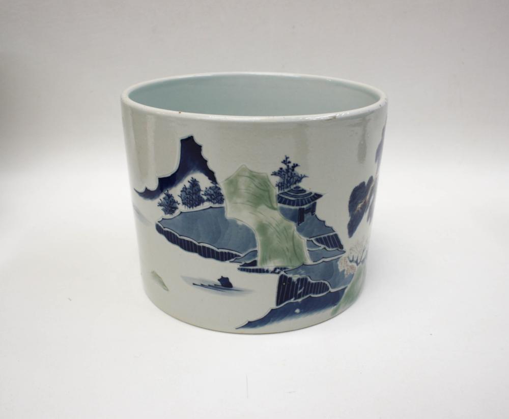 Appraisal: CHINESE PORCELAIN BRUSH POT hand painted and carved motif featuring