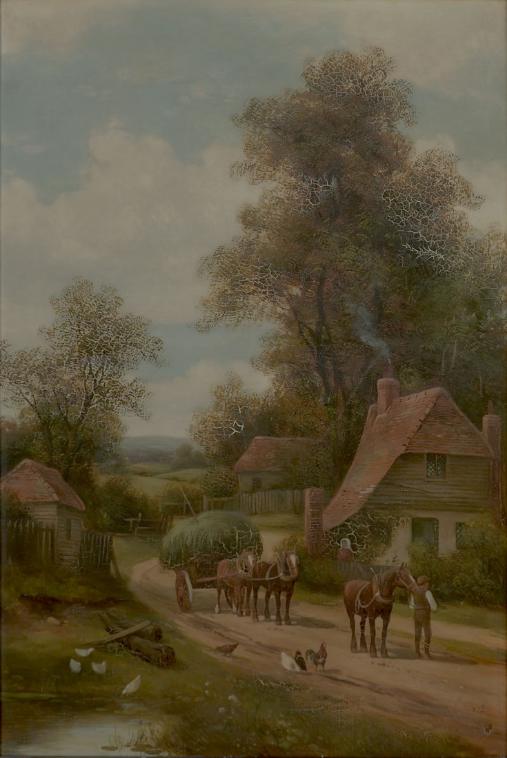 Appraisal: VICKERS Charles UK - Country Genre Scene with Cottages Hay