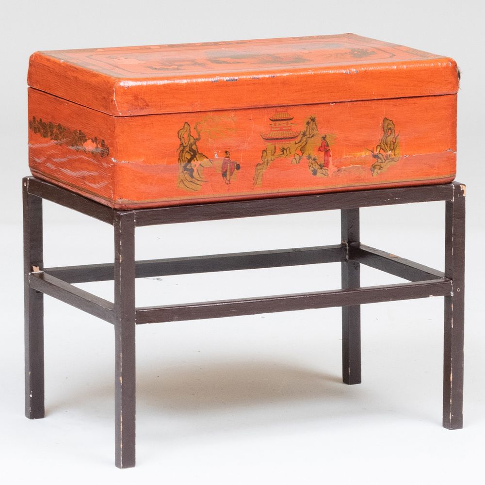 Appraisal: Chinese Red Lacquer and Parcel-Gilt Storage Box Attached to a