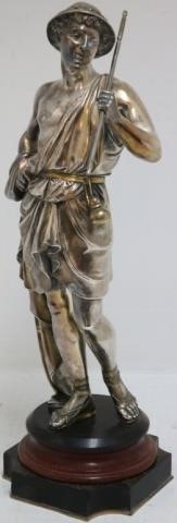 Appraisal: TH CENTURY SILVERED BRONZE SCULPTURE WITH GILTHIGHLIGHTS DEPICTING A YOUNG