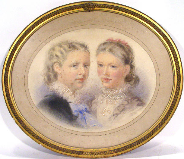 Appraisal: Oval portrait watercolour of two young girls in a gilt