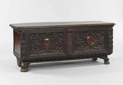 Appraisal: An Antique Italian Cassone Carved dark wood storage case on