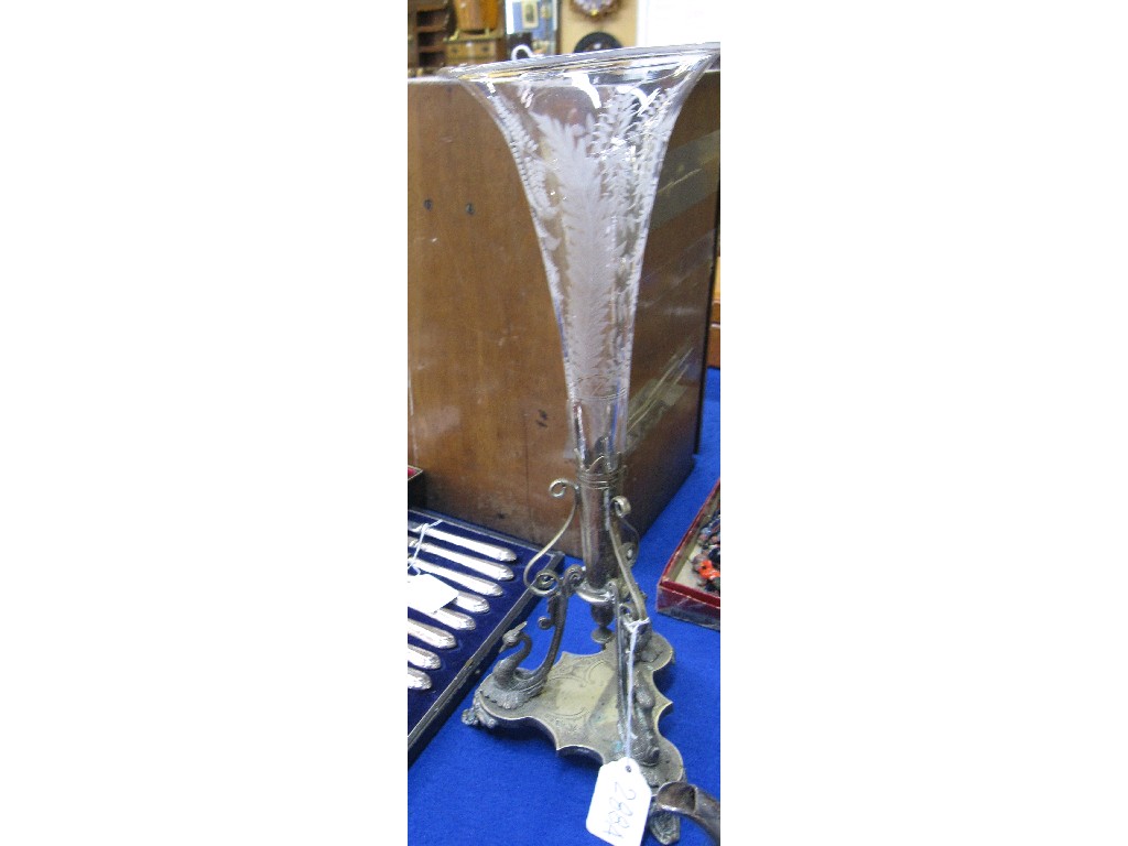 Appraisal: Silver plate and etched glass single flute epergne