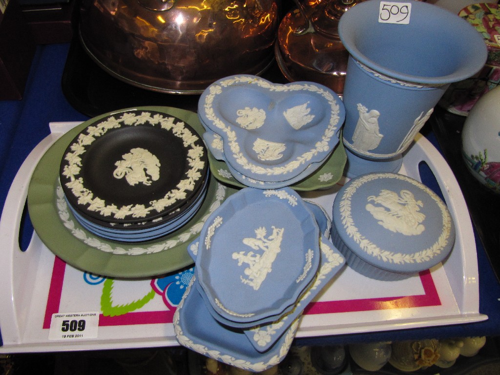 Appraisal: Tray lot of assorted Wedgwood Jasperware dishes pots and covers