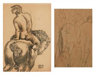 Appraisal: BELA KADAR HUNGARIAN - Double-Sided Drawing The Horsemen ink and