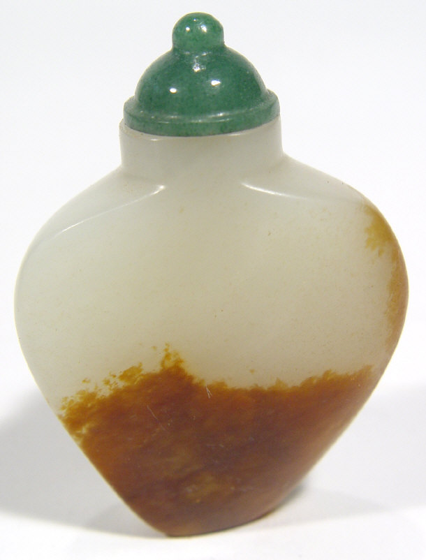 Appraisal: Chinese two colour jade snuff bottle with greenstone stopper cm